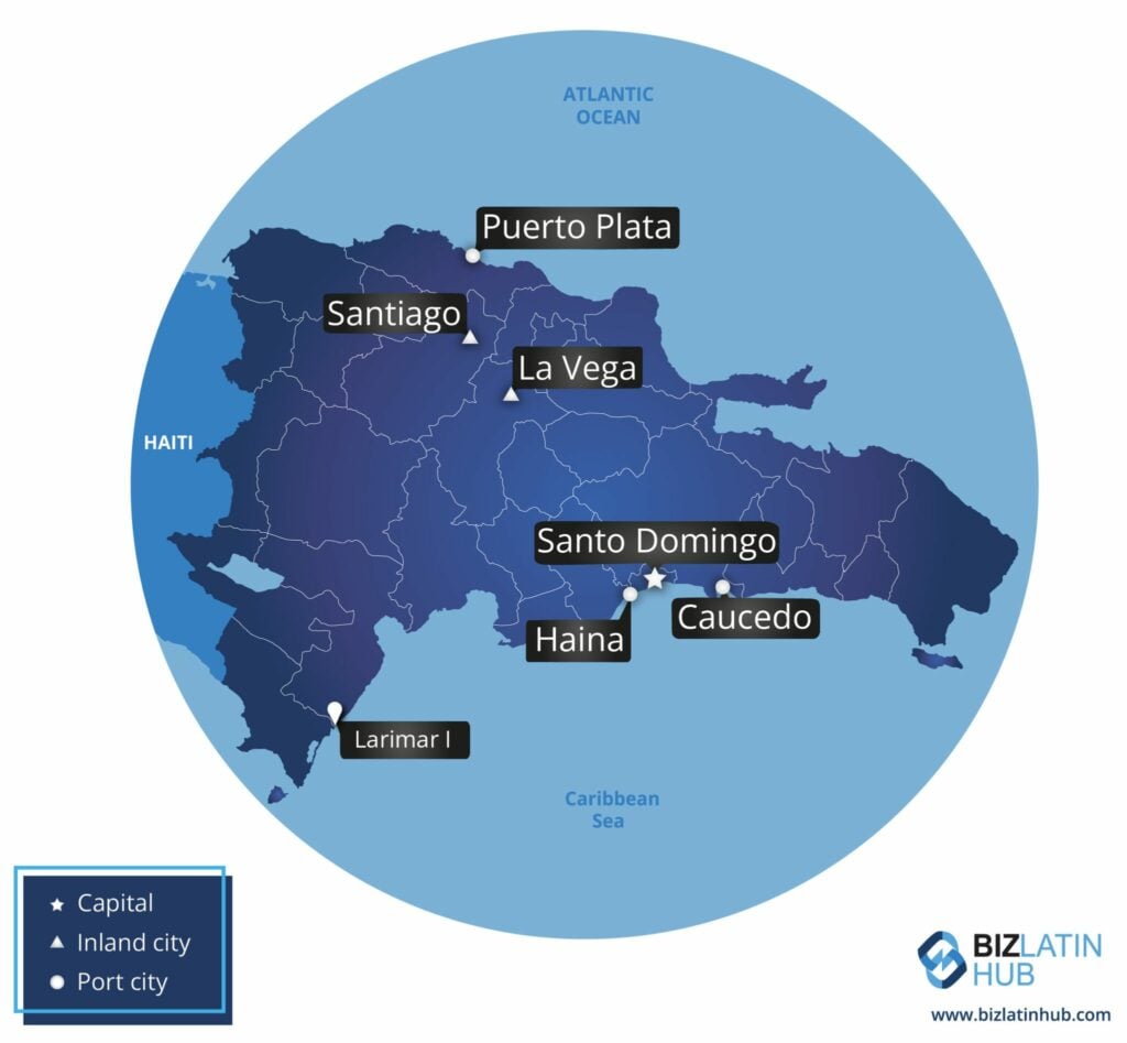 ¨map of major cities Dominican Republic¨ infographic by Biz Latin Hub for an article on ¨incorporate a company in the Dominican Republic¨ 