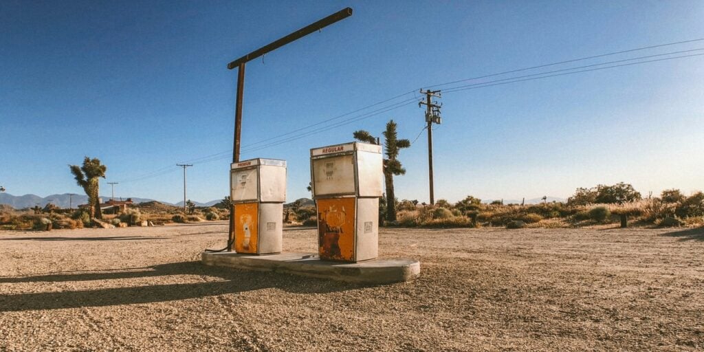 An old gas station in the United States, where gasoline prices are low