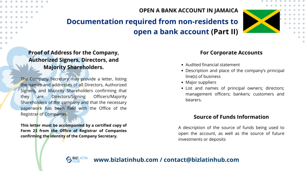 Documentaion Required from non-residents to open a bank account in jamaica, infographic by Biz Latin Hub