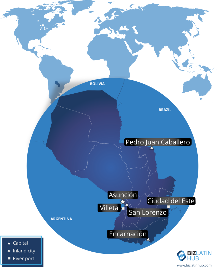 Paraguay's geographical location and its main cities.