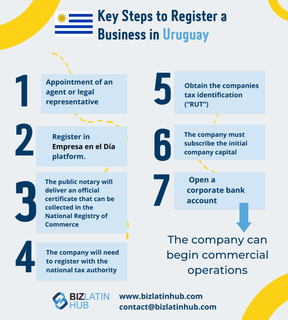 The Business Registration Process in Uruguay involves some key steps. A Biz latin hub infographic