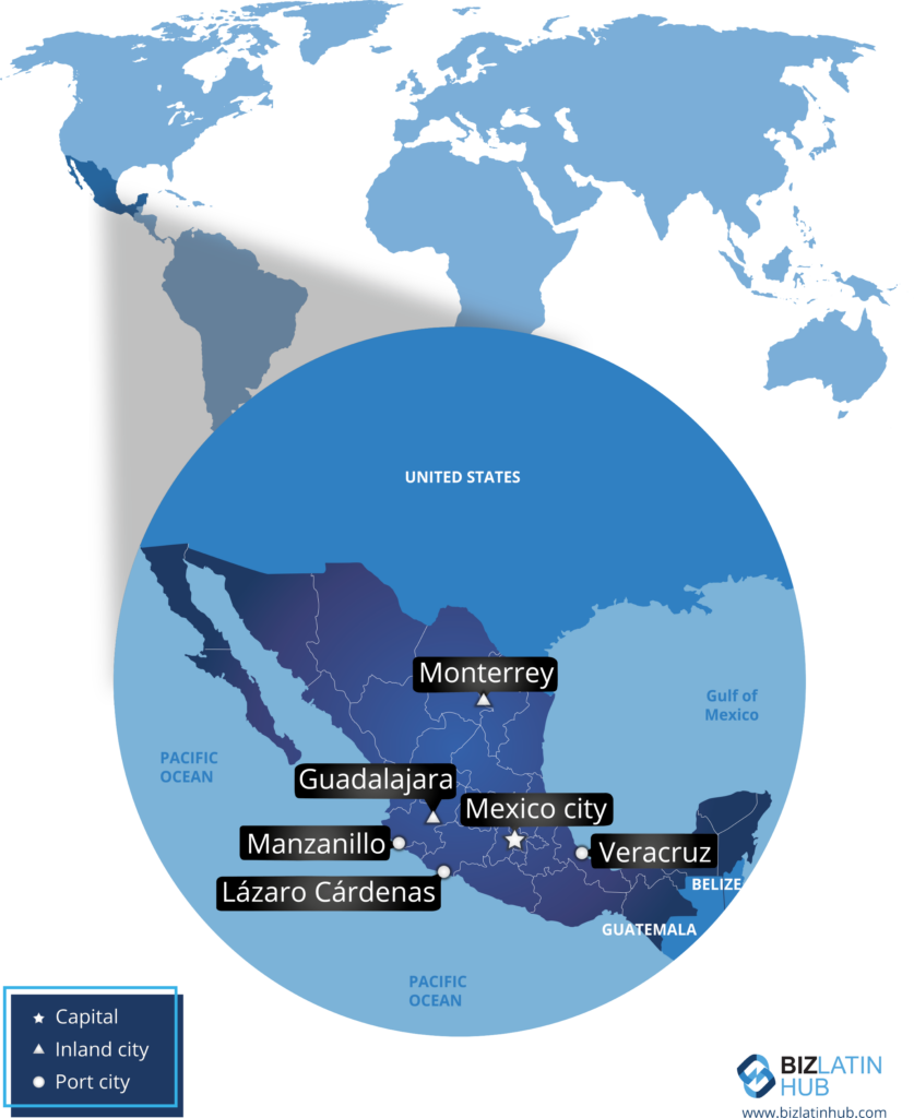 Mexico's map map and some of its main cities 