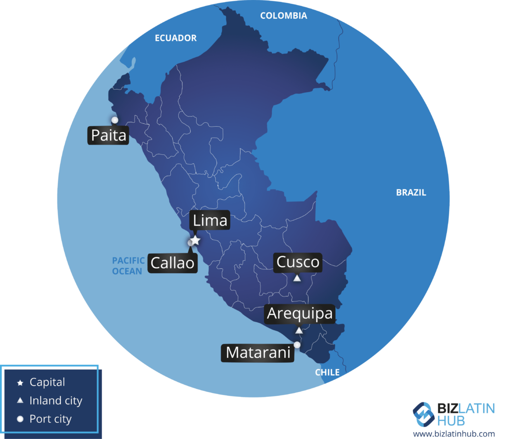 ¨A map of Peru with its main cities¨ infographic by Biz Latin Hub for an article on ïncorporate a company in Peru¨. 