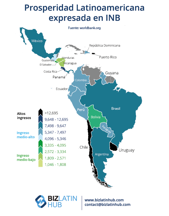 Un mapa de América Latina y su prosperidad económica para un artículo sobre Cómo abrir una cuenta bancaria corporativa en la República Dominicana